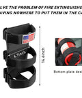 Adjustable Roll Bar Fire Extinguisher Mount Holder With American Flag Pattern Strap For Cars And Trucks, Secure, Durable Car Accessory To Keep Fire Extinguisher Fixed And Ready, Universal Black, shown with dimensions 14.6x6.7 inches.