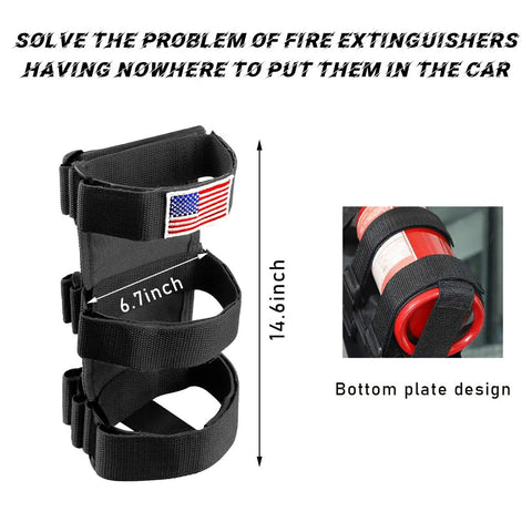 Adjustable Roll Bar Fire Extinguisher Mount Holder With American Flag Pattern Strap For Cars And Trucks, Secure, Durable Car Accessory To Keep Fire Extinguisher Fixed And Ready, Universal Black, shown with dimensions 14.6x6.7 inches.