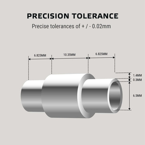 Diagram illustrating precision tolerance for Eight Millimeter Inline Skate Bearings set featuring a Dragon self-centering spacer at 6mm spacing.
