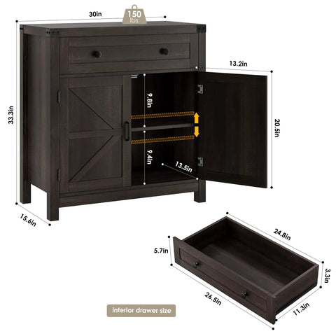 Coffee Bar Cabinet With Drawer And Two Door Cabinet Modern Farmhouse Kitchen Storage Sideboard dimensions and features diagram.