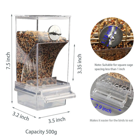 Two Pack Automatic No Mess Bird Cage Feeder Set With Clear Acrylic Food Tray And Blue Water Dispenser For Parrots, 7.5x3.5 inch feeder.