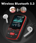 Clip-On Bluetooth 5.3 MP3 Player with 1.5 inch screen, HiFi sound, physical buttons, shown with wireless earbuds, red.