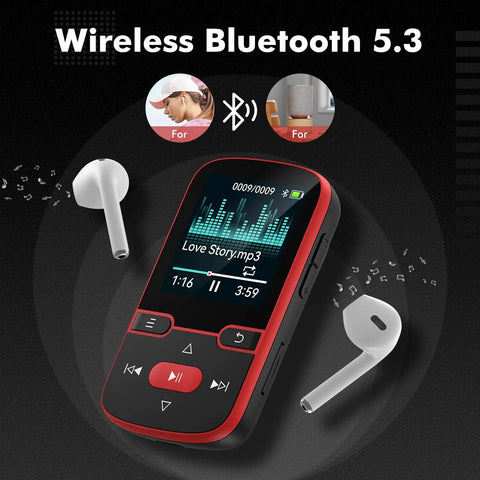 Clip-On Bluetooth 5.3 MP3 Player with 1.5 inch screen, HiFi sound, physical buttons, shown with wireless earbuds, red.