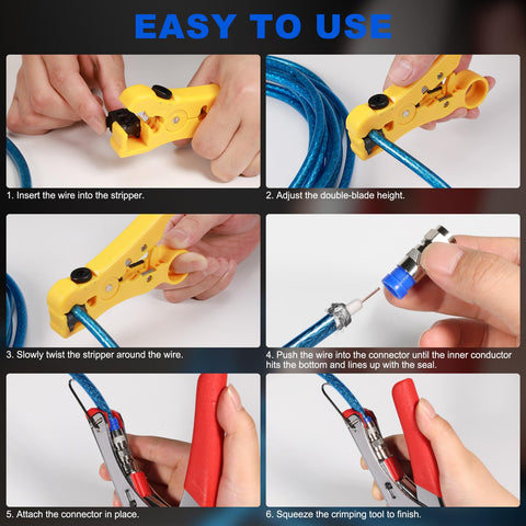 Steps to use Coax Cable Crimper Kit With 20 RG6 F Connectors And Stripping Tool for Fast Durable Installations