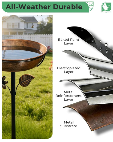 Rust Resistant Metal Bird Bath For Outside With 12 Inch Wide Bowl And 3 Inch Deep Water features material layers.