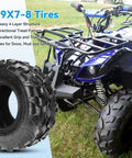 19x7-8 Street Tubeless ATV Go Kart UTV Tire, shown with a blue ATV, directional tread, ideal for snow, mud, sand.