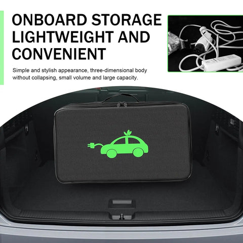 Heavy Duty Waterproof Ev Cable Bag No Sweat Jumper Wire Organizer in car trunk, compact size 18.1 x 10.63 x 4.7 inches.