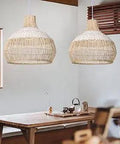 1 Light White Handwoven Rattan Boho Pendant Light, Wicker Hanging Ceiling Chandelier, Handmade Woven Basket Lampshade over dining table