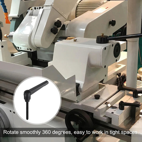 4 Piece Lever Adjustable Handles M5 By 50mm Metric Male Thread with nuts, shown installed on machinery for smooth 360-degree rotation