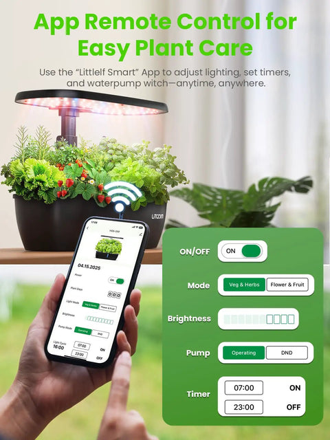App control screen for Hydroponic Indoor Garden System Kit With 15 Pods, 24 Watt Grow Light, and quiet pump on smartphone.