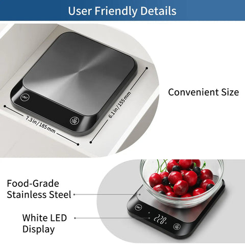 22 Pound Digital Kitchen Scale With 0.1 Ounce And 1 Gram Precision For Cooking And Baking, Pro Grade Accuracy From A Trusted Weighing Expert Factory Since 2001, LED Display With Batteries Included, Black, showing convenient size with cherries in bowl.