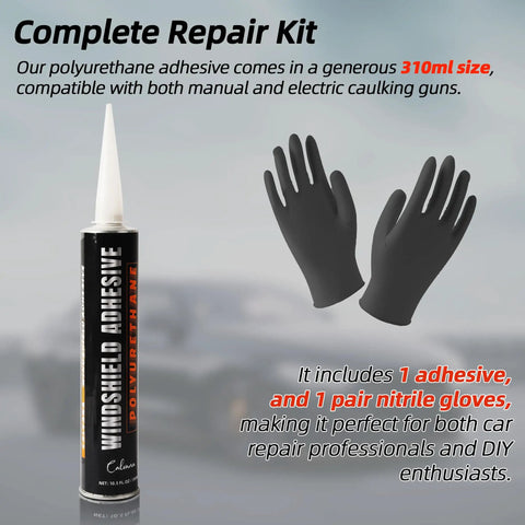 Windshield Repair Kit With Polyurethane Adhesive For Car Glass Chips And Cracks Quick Cure Weather Resistant Sealant 310ml With Gloves