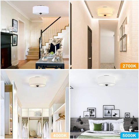 Two Light Flush Mount Ceiling Light Fixture With White Fabric Drum Shade 12 Inch in various home settings showcasing light warmth.
