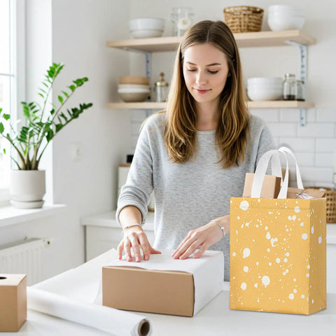 Woman in kitchen with 10 Inch Gift Bag Set 4 Pack With Tissue Paper Cards Envelopes And Handles Reusable Non Woven Gift Bags