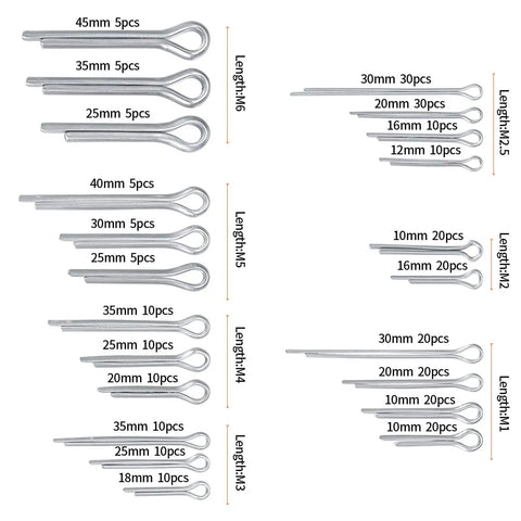 290 Pcs Stainless Steel Cotter Pins Set With 24 Sizes For Cars, Trucks, Lawn Mowers And Small Engines, displayed by size.
