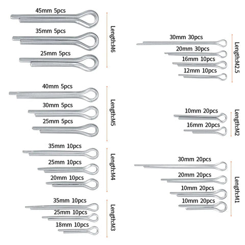 Must Have 290 Piece Stainless Steel Cotter Pins Set With 24 Sizes For Cars Trucks Lawn Mowers And Power Equipment Pro Grade Hairpin Fasteners Kit Durable Corrosion Resistant Easy To Use, assorted pin sizes shown