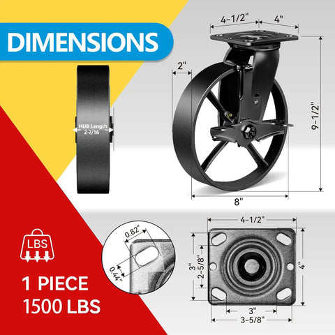 Dimensions of Beefy 8 Inch Heavy Duty Caster Wheels Set Of 4 With Brakes For Furniture Tool Boxes Workbenches.