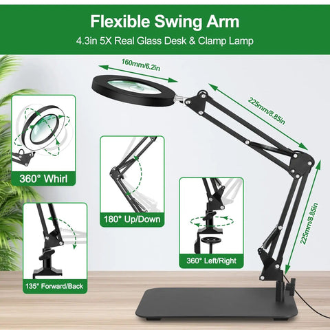 Desk Magnifier With Light And Stand Flexible Gooseneck Magnifying Lamp With 5X And 10X Lenses showing adjustable arms