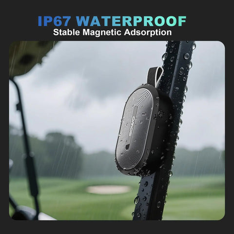 Wireless Portable Bluetooth Speaker With Deep Bass And Pro Sound IP67 Waterproof 24 Hour Playtime Magnetic Clip On Hang Design Rugged Outdoor Companion For Golf Carts And Indoor Use mounted on wet railing
