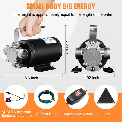 12V Water Transfer Pump One Tenth HP 330 GPH With Three Quarter Inch Ports showing compact size and accessories
