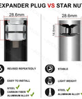 Comparison of expander plug and star nut for 1-1/8 inch threadless bike headset, 28.6mm size, showing materials and features.