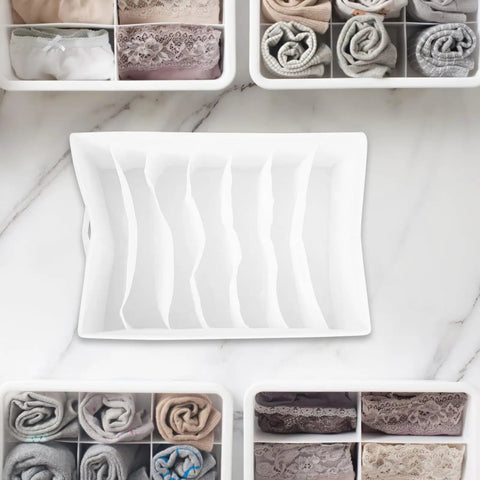 Slick Underwear Drawer Organizer With Divided Compartments For Bras Socks And Clothes To Keep Your Closet Neat And Legit, spacious white tray with multiple slots.