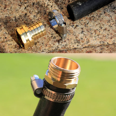 Solid Brass Garden Hose Repair Kit With Stainless Steel Clamps, Swivel Fittings And Three Quarter Inch Barb To Three Quarter Inch Female Adapters, Includes Gasket And PTFE Tape, US Garden Hose Thread For Quick, Leak Free Outdoor Watering on a stone surface and attached to a hose.