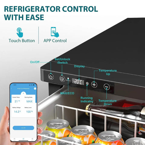 Dude Ready 12 Volt Pull Out Refrigerator 33 Quart App Controlled Portable Car Fridge Freezer showing control panel with app access.