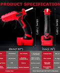 Cordless Hot Glue Gun For 18V Battery, 30 Second Preheat includes dimensions, specifications, and features highlighted in chart.