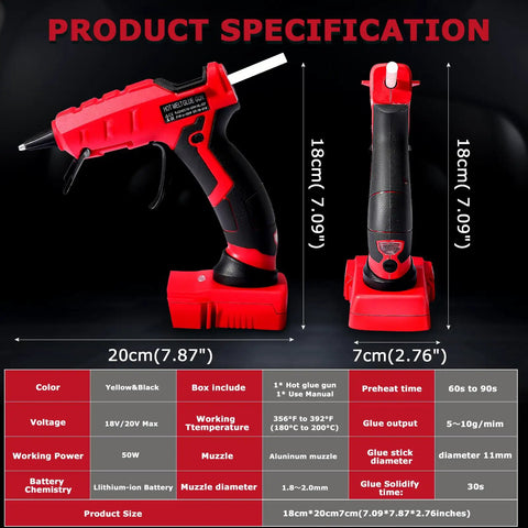 Cordless Hot Glue Gun For 18V Battery, 30 Second Preheat includes dimensions, specifications, and features highlighted in chart.