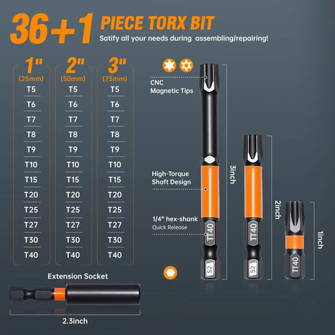Torx Bit Set 36 Piece T5 Through T40 With 1 Inch, 2 Inch And 3 Inch Tamper Proof Bits, S2 Steel Magnetic Tips and 60mm Extension Bar