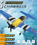 P-51D Mustang 3 Channel RC Plane with 2.4GHz Remote and 6-Axis Gyro Stabilizer flying mid-air, showcasing design and features.