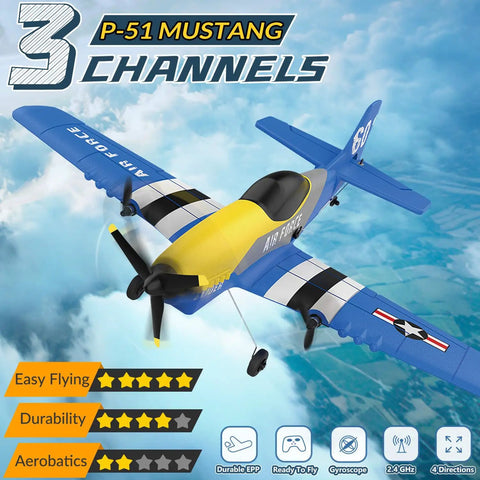P-51D Mustang 3 Channel RC Plane with 2.4GHz Remote and 6-Axis Gyro Stabilizer flying mid-air, showcasing design and features.