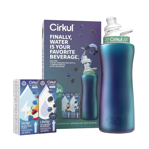 32 Ounce Chameleon Stainless Steel Water Bottle Starter Kit With Green Lid Includes Two Flavor Cartridges LifeSip Blackberry Blueberry And GoSip Berry Blue Punch No Sugar No Calorie Drink Mix With Custom Flavor Dial
