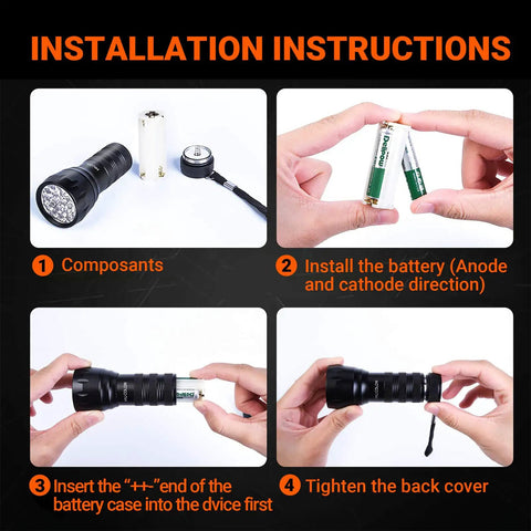 Installation instructions for UV Blacklight Flashlight With 21 LEDs 395nm For Pet Urine Detection And Scorpion Hunting