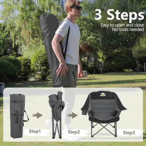 Man carrying Oversized Padded Camping Chairs Set of 2 for Adults, Heavy Duty Foldable Lawn Chairs With XL Wide Seat, in bag