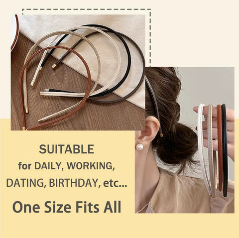 Premium Skinny Leather Headbands For Women Five Piece Set displayed in neutral shades, with a model holding three headbands.