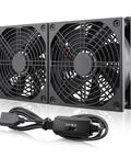 Dual 120mm USB Cooling Fan For Computer Rig Keeping Things Hella Quiet With Adjustable Speed Control And Flat Or Upright Stand Design 5V PC Component Chiller Sweet Airflow For Routers And Small Boxes, featuring two black fans and a power switch.