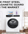 Magnetic Laundry Guard 24 Inch Wide For Front Loading Washers And Dryers, Metal Countertop Organizer Topper, installed on white dryer.