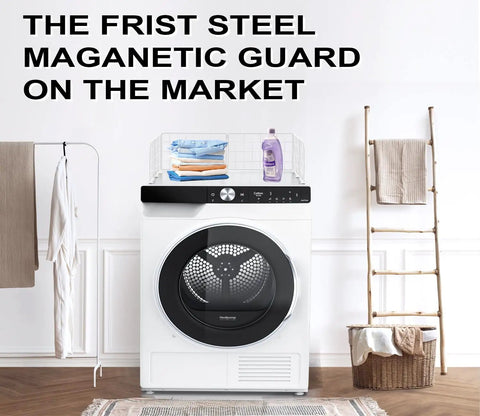 Magnetic Laundry Guard 24 Inch Wide For Front Loading Washers And Dryers, Metal Countertop Organizer Topper, installed on white dryer.