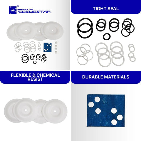 All In One Replacement Kit For D0902 Three Eighths Inch Double Diaphragm Pump with O Rings, Gaskets, Diaphragms, Seals