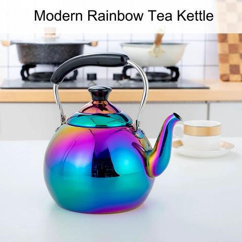 Induction Compatible Stovetop Tea Kettle Stainless Steel Whistling Tea Kettle Rainbow Iridescent Mirror Finish 2 Quart For Gas Stove Top Fast Boiling Water Modern Colorful Teakettle on white counter