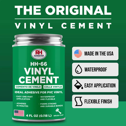 HH-66 Vinyl Cement 4 fl oz can, label highlighting industrial grade heavy duty vinyl adhesive for PVC and vinyl repairs.