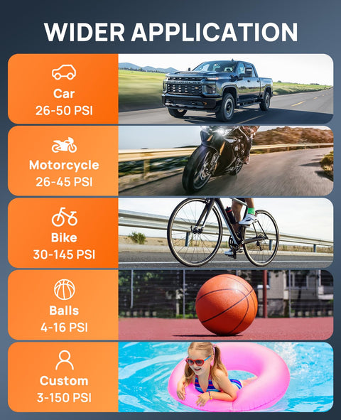Image showing car, motorcycle, bike, and ball for Cordless Tire Inflator With 150 PSI Auto Shut Off Pressure Gauge And LED Light Portable Air Pump For Cars Motorcycles Bicycles And Balls Quick Inflation In Minutes For On The Go