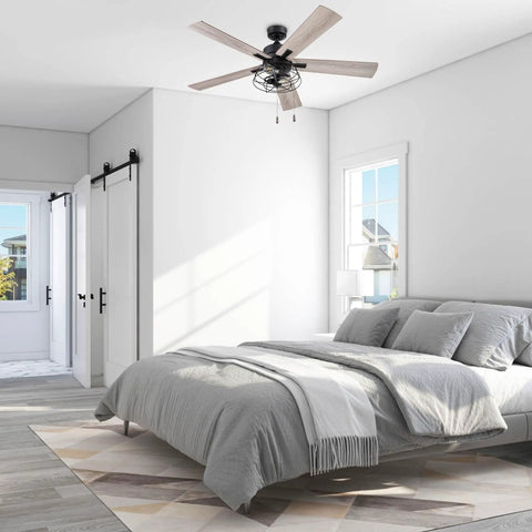 Bedroom with 52 Inch Industrial Style LED Ceiling Fan with Light, Pull Chain, dual finish blades, black, for medium to large rooms.