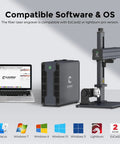 60W JPT MOPA Fiber Laser Engraver with compatible software and OS shown with laptop and engraver machine.