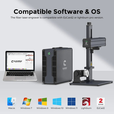 60W JPT MOPA Fiber Laser Engraver with compatible software and OS shown with laptop and engraver machine.