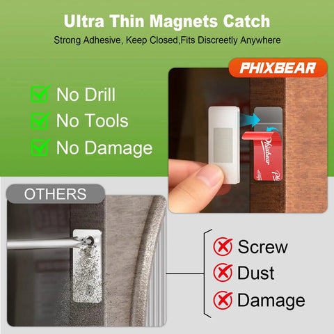Ultra Thin No Drill Magnetic Cabinet Door Catch Set featuring strong adhesive magnets and stainless steel latches
