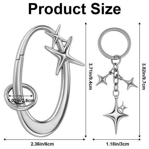 Two Pack Star Carabiner Keychains Dope Y2K Aesthetic Clip For Keys Purses Backpacks Silver Chrome Shiny Charms Accessory With Moon And Star Designs For Everyday Carry, showing size dimensions.