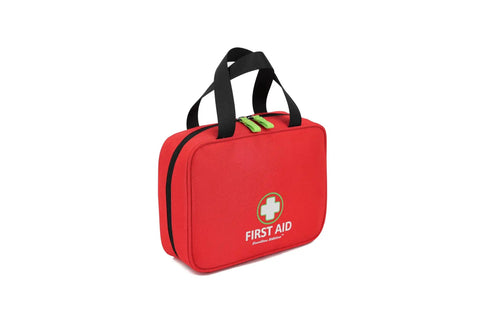 Side view of Red First Aid Bag Empty Organizer for Home Office Car Travel Camping Sports, featuring black handles and zip closure